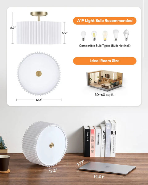 Two Light Semi Flush Mount Ceiling Light With Pleated White Shade Bronze Finish E26 Bulb Compatible fixture dimensions and bulb types