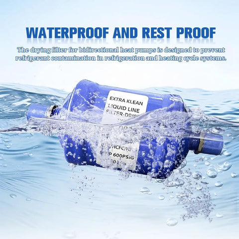 Heavy Duty 1/4 Inch Flow Filter Drier For Automotive Heat Pump Cars in water, showcasing waterproof design for HVAC systems.
