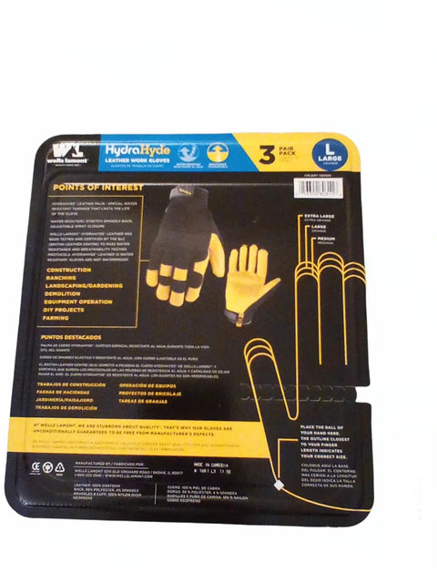 Back packaging of HydraHyde Leather Work Gloves for Duty Safety and Breathable Comfort, Unisex Large Size