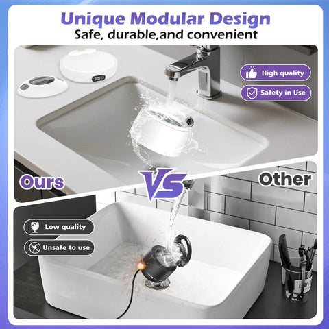Image comparing Top Shelf Upgraded Ultrasonic Retainer Cleaner With Uv Sterilization and 45Khz high frequency bubble action in a sink.