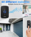 Wireless Doorbell Kit With 60 Chimes And 5 Volume Levels Plus Mute, 1000ft Long Range, LED Flash Alerts, shown near a home entrance.