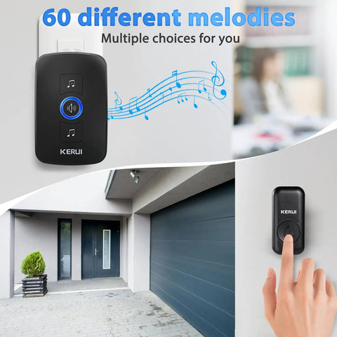 Wireless Doorbell Kit With 60 Chimes And 5 Volume Levels Plus Mute, 1000ft Long Range, LED Flash Alerts, shown near a home entrance.