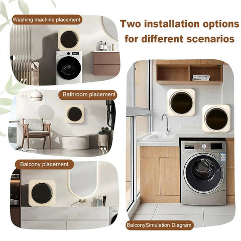 Slick Portable Washer And Dryer Combo featuring stainless steel drum wall mounted design, shown in bathroom and balcony placements.