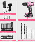 Pink Cordless Drill Kit With Battery And Charger, 20V Electric Power Drill For Women, includes bits and accessories.