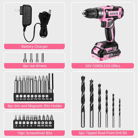 Pink Cordless Drill Kit With Battery And Charger, 20V Electric Power Drill For Women, includes bits and accessories.