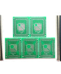 Five Pack QFP To DIP Pin Adapter Socket Kit For QFP 32 44 48 64 1000 Pin To DIP PCB Proto Converter With FR4 Board And Gold Plated Pins 0.5 And 0.8 mm Pitch Dope For Prototyping And Debugging Education displayed with sockets