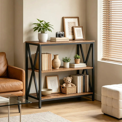 Game Changer Three Tier Industrial Console Table With Real Deal Storage Shelves Narrow Sofa Table For Entryway Foyer Living Room Decor Built Tough Rustic Brown Wood And Black Metal Frame with decorative items and plants.