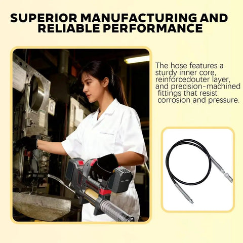 Woman using cordless grease gun with Pro Grade 42 Inch Flexible Grease Gun Hose Extension With Coupler For 10000 PSI.