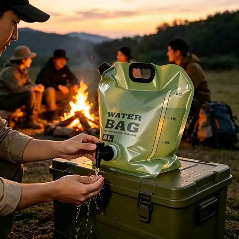 Heavy Duty Portable Camping Water Bag With Spigot For Outdoor Drinking, 8L option shown in use by campfire