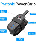 Ultra Portable Travel Power Strip with USB Ports and 4ft Extension Cord, with 2 AC outlets, 3 USB ports, wrapped with black band.