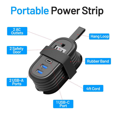 Ultra Portable Travel Power Strip with USB Ports and 4ft Extension Cord, with 2 AC outlets, 3 USB ports, wrapped with black band.