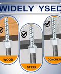 Three Eighths Inch Concrete Threaded Vertical Rod Anchor With One Quarter Inch Shank And One And One Half Inch Length In Galvanized Carbon Steel Silver Box Of Thirty Great For Construction And Structural Supports In Concrete Applications, shown in wood, steel, and concrete.