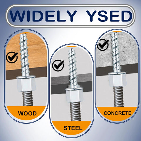 Three Eighths Inch Concrete Threaded Vertical Rod Anchor With One Quarter Inch Shank And One And One Half Inch Length In Galvanized Carbon Steel Silver Box Of Thirty Great For Construction And Structural Supports In Concrete Applications, shown in wood, steel, and concrete.