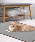Cat lying on 110V Heated Floor Mat Foot Warmer Under Desk 31.5 By 20 Inch Electric Heating Pad in gray, placed under a bench.