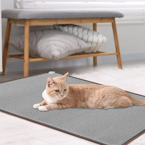 Cat lying on 110V Heated Floor Mat Foot Warmer Under Desk 31.5 By 20 Inch Electric Heating Pad in gray, placed under a bench.