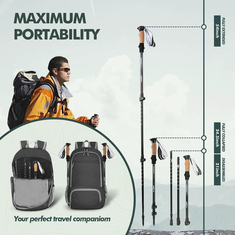 Ultra Lightweight Retractable Trekking Poles With 7075 Aluminum shown collapsed and fitted in a backpack for portability.