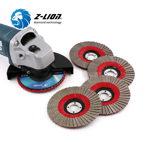 4 Inch Diamond Flap Disc For Fast Material Removal On Ceramic, Glass, Granite, Marble, Plastic And Concrete, Heavy Duty Pro Grade Grinding And Sanding Wheel displayed with grinder