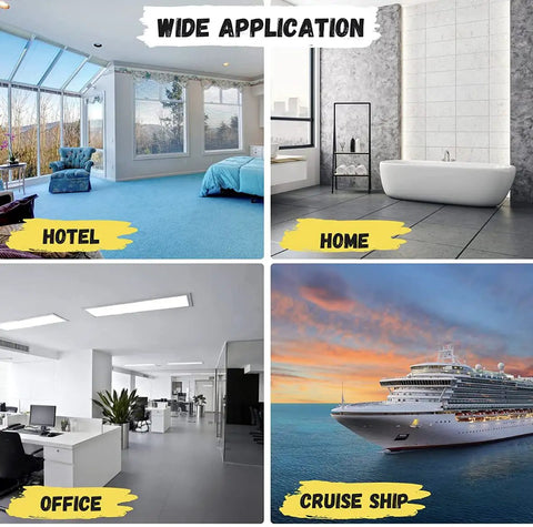10 Pack European To US Plug Adapters Type A Outlet Converter for Europe to America Canada and Mexico Travelers Wall Plug Adapters White, shown in hotel, home, office, cruise ship settings.