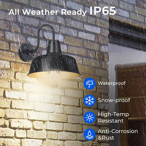 Dusk To Dawn Outdoor Wall Sconces With Sensor, Dope Vintage Matte Gooseneck Barn Lights under rain on brick wall, Black And Gold