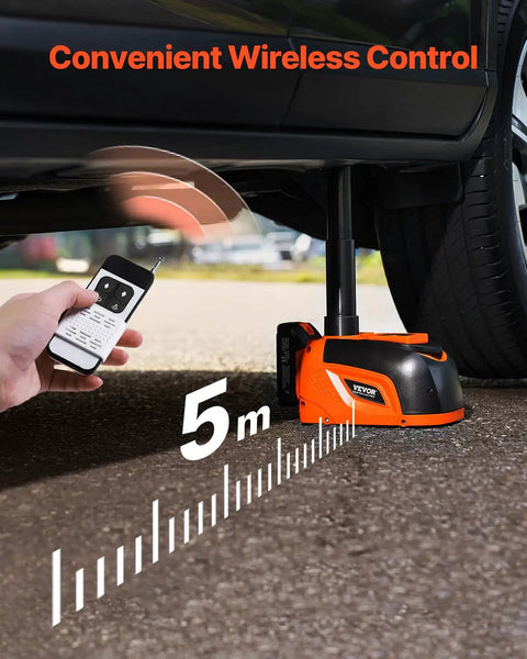 Wireless 5 Ton Electric Car Jack With Remote Control lifting SUV, displaying 5 m wireless range, cordless hydraulic lift