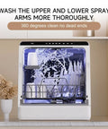 Portable Countertop Dishwasher With Integrated Water Tank And Quick Connect Faucet Five Wash Cycles Low Key Quiet Sound showing 360-degree cleaning action.