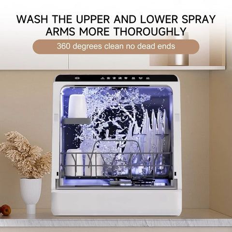 Portable Countertop Dishwasher With Integrated Water Tank And Quick Connect Faucet Five Wash Cycles Low Key Quiet Sound showing 360-degree cleaning action.