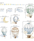 Watercolor Hot Air Balloon Wall Stickers Peel And Stick Set For Baby Nursery Kid Friendly Bedroom Decor With Star Moon Cloud Balloons Self Adhesive PVC Matte Decals Waterproof And Non Toxic Easy Application showing dimensions