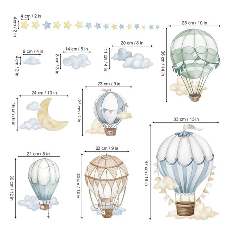 Watercolor Hot Air Balloon Wall Stickers Peel And Stick Set For Baby Nursery Kid Friendly Bedroom Decor With Star Moon Cloud Balloons Self Adhesive PVC Matte Decals Waterproof And Non Toxic Easy Application showing dimensions