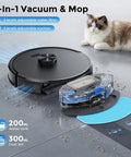 Self Emptying Robot Vacuum and Mop With 6000Pa Suction No Tangling LiDAR Multi Floor Mapping 90 Day Hands Free Cleaning App Control Alexa and Google Assistant for Pet Hair Carpet and Hard Floors on tile with cat