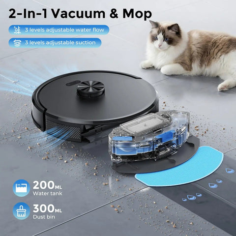 Self Emptying Robot Vacuum and Mop With 6000Pa Suction No Tangling LiDAR Multi Floor Mapping 90 Day Hands Free Cleaning App Control Alexa and Google Assistant for Pet Hair Carpet and Hard Floors on tile with cat