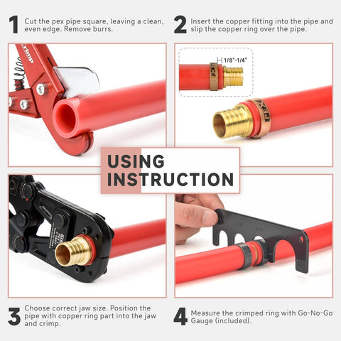 Instructions for using All In One PEX Pipe Crimp Tool Kit For 3/8, 1/2, 3/4, And 1 Inch Copper Rings demonstrating step-by-step guide.