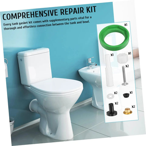 Super Quick Fix For Leaky Toilets: Heavy Duty Tank Gasket And Bolt Kit With Flexible Seal, Easy Install Repair Parts For Standard Bowl Coupling That Truly Seals The Deal Like A Boss. Toilet repair kit with green gasket and bolts
