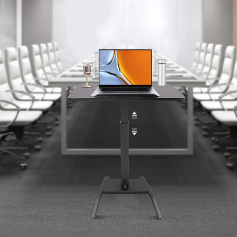 Premium Adjustable Height Standing Desk With Smooth Foot Pedal Operation And Fully Rolling Ergonomic Office Station in office setting.