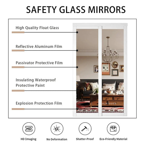 Safety glass mirror with layers: float glass, aluminum film, protective films, waterproof paint, mirror sliding closet door