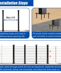 Installation steps for Matte Black 12-20 ft Cable Railing Post Kit with illustration of post spacing and fixing method.