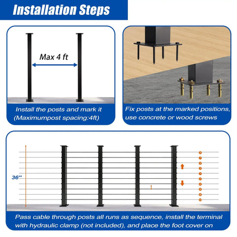 Installation steps for Matte Black 12-20 ft Cable Railing Post Kit with illustration of post spacing and fixing method.