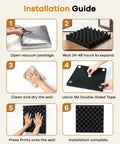 Installation guide for Upgraded Acoustic Egg Crate Foam Panels For Home Studios, showing six steps to set up foam tiles.