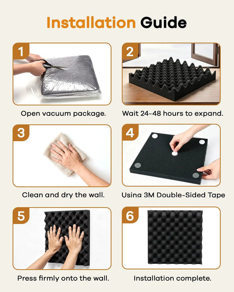 Installation guide for Upgraded Acoustic Egg Crate Foam Panels For Home Studios, showing six steps to set up foam tiles.