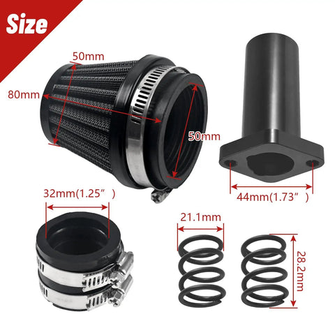 Go To 28mm Carburetor With Air Filter Manifold Kit dimensions and components for Predator 212cc mini bike engines