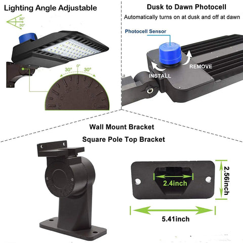 Beefed-Up 150W LED Shoebox Parking Lot Light With Dusk To Dawn Photocell, showing adjustable slip fitter and wall mount brackets.