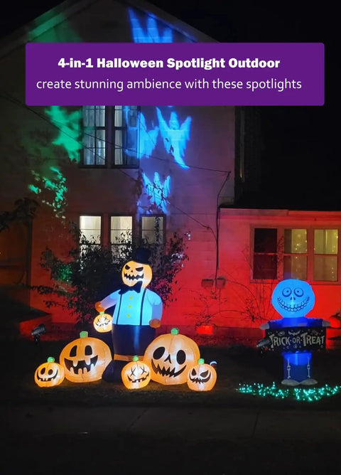 4 In 1 RGBW Low Voltage Landscape Lighting Kit with colorful Halloween decorations in front of house at night