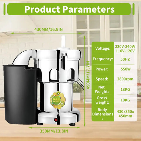 Super Cool 550W Electric Stainless Steel Centrifugal Juicer Machine For Fresh Fruit And Vegetable Juice Extraction With Auto Pulp Separator, specifications displayed.