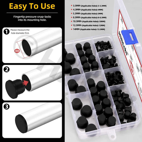 Rock Solid 100Pcs Silicone Hole Plugs Assortment Kit With 7 Sizes For Powder Coating And Plating Jobs High Temp Waterproof Stopper T-Shaped Seals In Black To Keep Your Holes Gapping Safe, assorted black silicone plugs in storage case