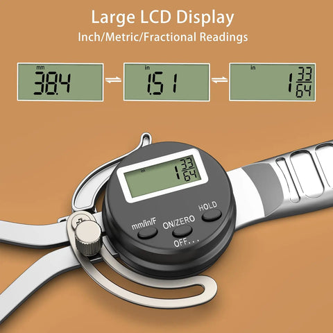 Digital Outside Caliper Gauge 0 To 6 Inches With Metric, Fractional, And Decimal Readings, alloy jaws showing large LCD display