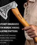 Valkyrie Viking Axe Hatchet With Leather Sheath For Camping high-carbon 1055 steel blade with engraved Valkyrie pattern