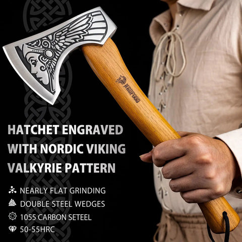 Valkyrie Viking Axe Hatchet With Leather Sheath For Camping high-carbon 1055 steel blade with engraved Valkyrie pattern