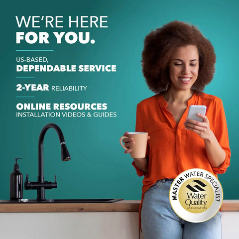 Smiling woman with phone and coffee beside Under Sink Water Filter For Faucet With 20,000 Gallons Or 2 Year Filtration Life kitchen tap