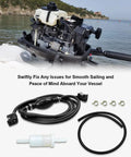10Ft 5 Sixteenth Inch Outboard Fuel Line Kit With Primer Bulb And Tank Boat Ready Quick Female Connector Fits Yamaha Johnson Mercury Outboard 4 HP To 200 HP Includes NBR Lines And Fuel Filter displayed with motor and sea background
