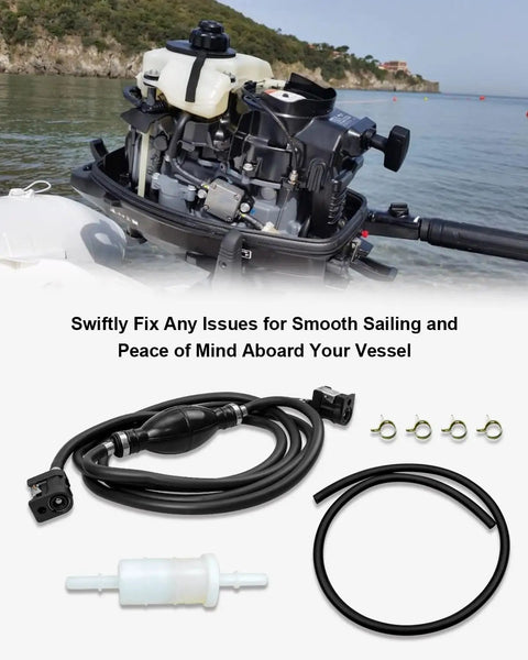 10Ft 5 Sixteenth Inch Outboard Fuel Line Kit With Primer Bulb And Tank Boat Ready Quick Female Connector Fits Yamaha Johnson Mercury Outboard 4 HP To 200 HP Includes NBR Lines And Fuel Filter displayed with motor and sea background