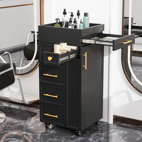 Salon Trolley Cart With Five Drawers, Three Tool Holders And Adjustable Shelf, Mobile Storage Cabinet For Barber, Beauty Spa Or Home Use, Black Finish With Raised Edge Top For Secure Tool Transport On The Go, in a salon setting.